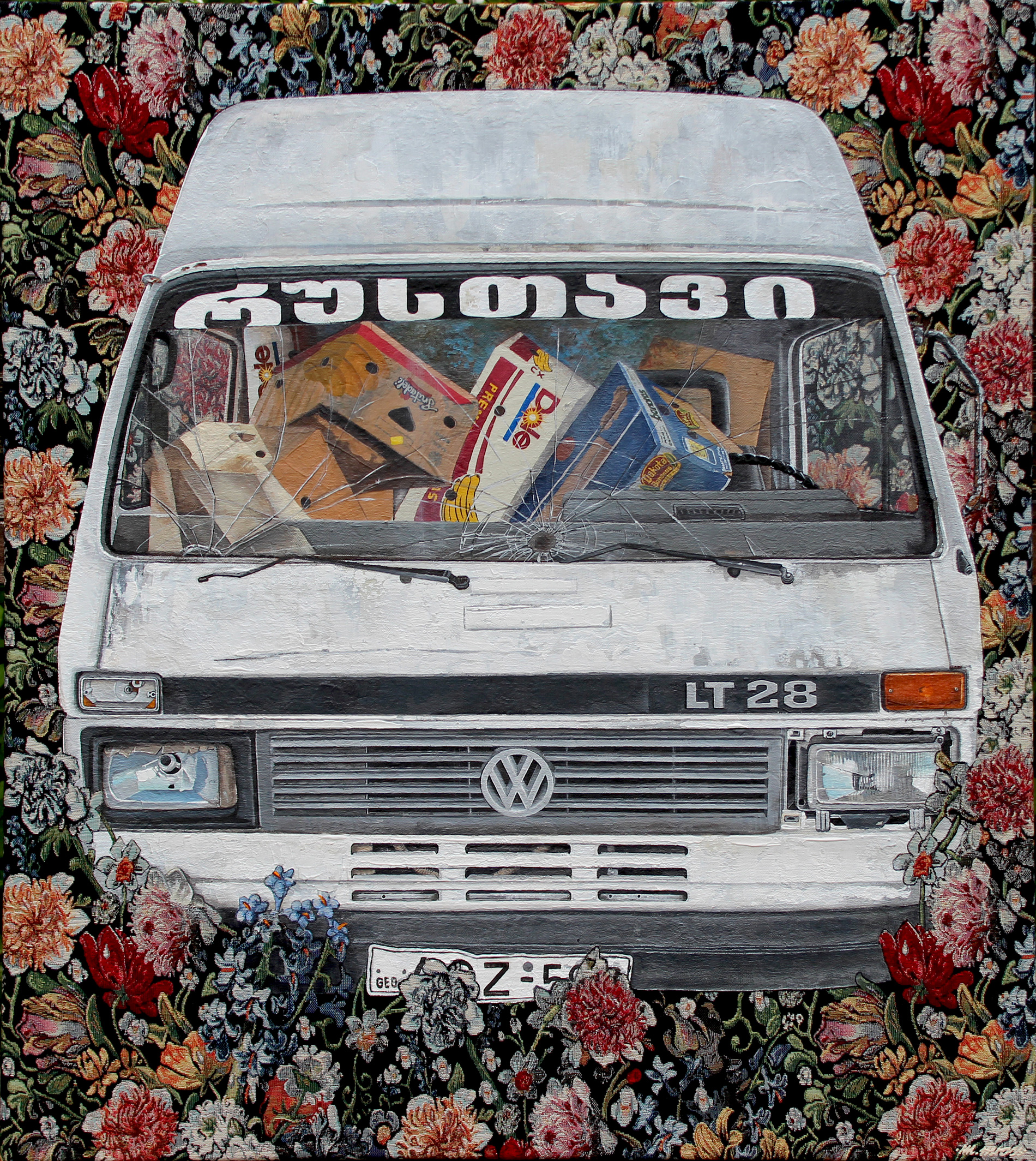 white_van_with_boxes_90_x_100_acrylics_on_tapestry_2021